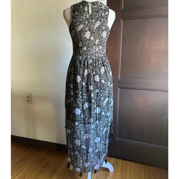 BANJANAN | Black Floral Smocked Bodice Curved Hem Tassle Dress | Sz XS - Picture 3 of 8